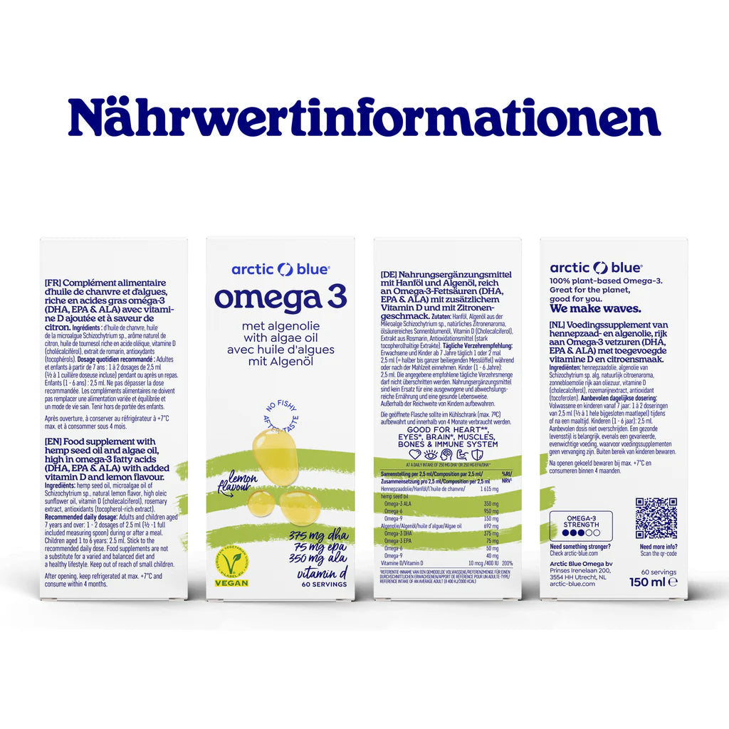 Arctic Blue Omega 3 Algenöl DHA + EPA und Hanfsamenöl ALA mit Vitamin D3 - Erhältlich ab 15.6.26