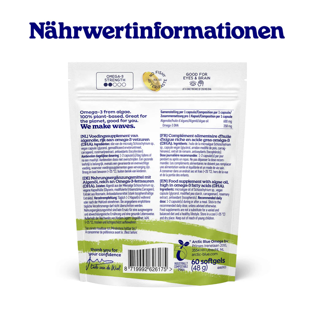 Olio di alghe Omega 3 DHA Arctic Blue - Vegano (60 capsule piccole) - Preordina ora, disponibile dal 1.9.25