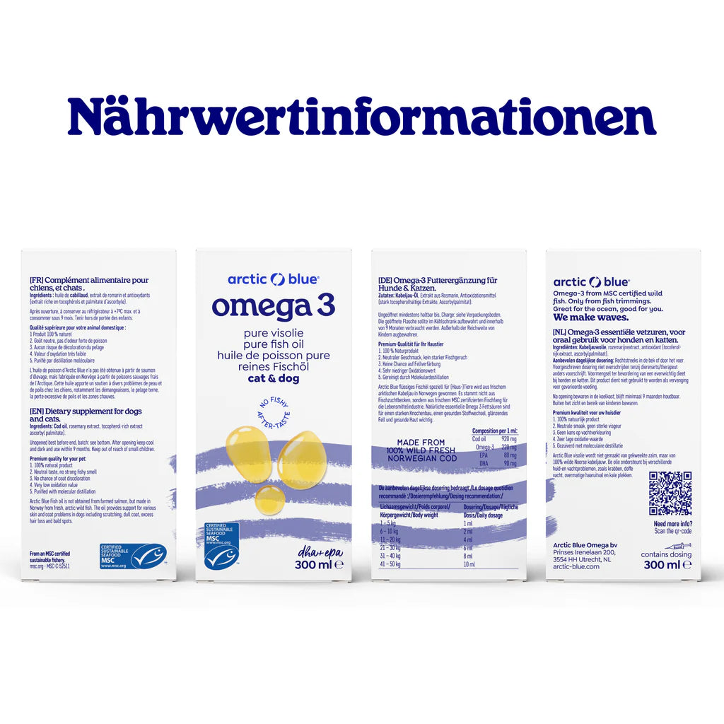 Huile de poisson Arctic Blue Omega 3 pour chiens et chats - Précommandez dès maintenant, disponible à partir du 1.9.25