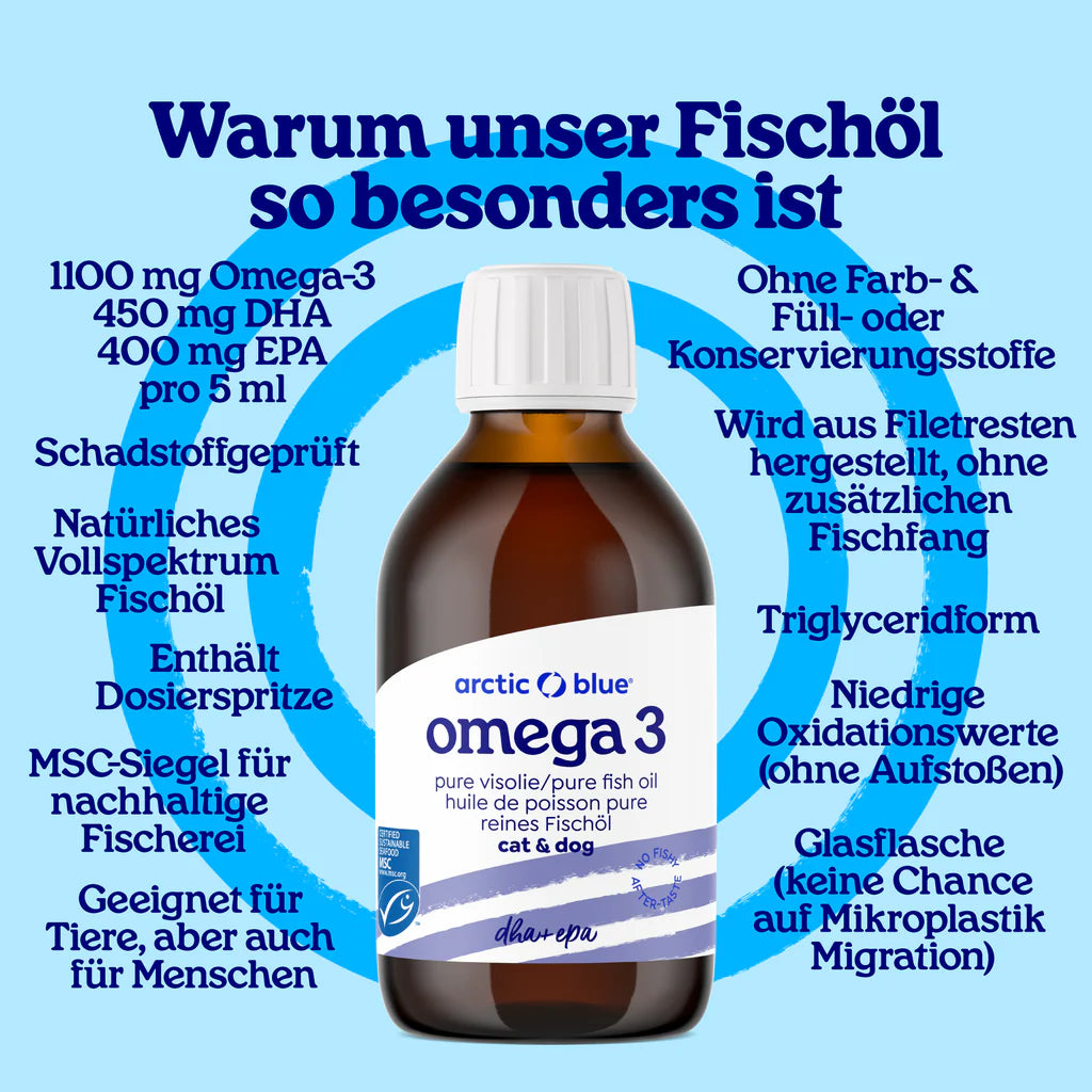 Huile de poisson Arctic Blue Omega 3 pour chiens et chats - Précommandez dès maintenant, disponible à partir du 1.9.25