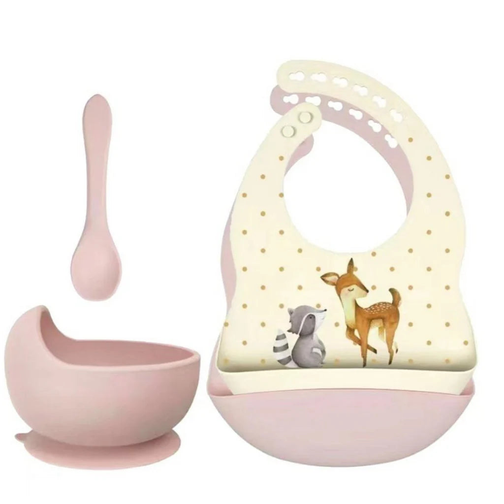 Rammelaartje Set aus Silikon-Lätzchen + Schüssel mit Saugnapf und Löffel - Hirsch und Waschbär - Pink