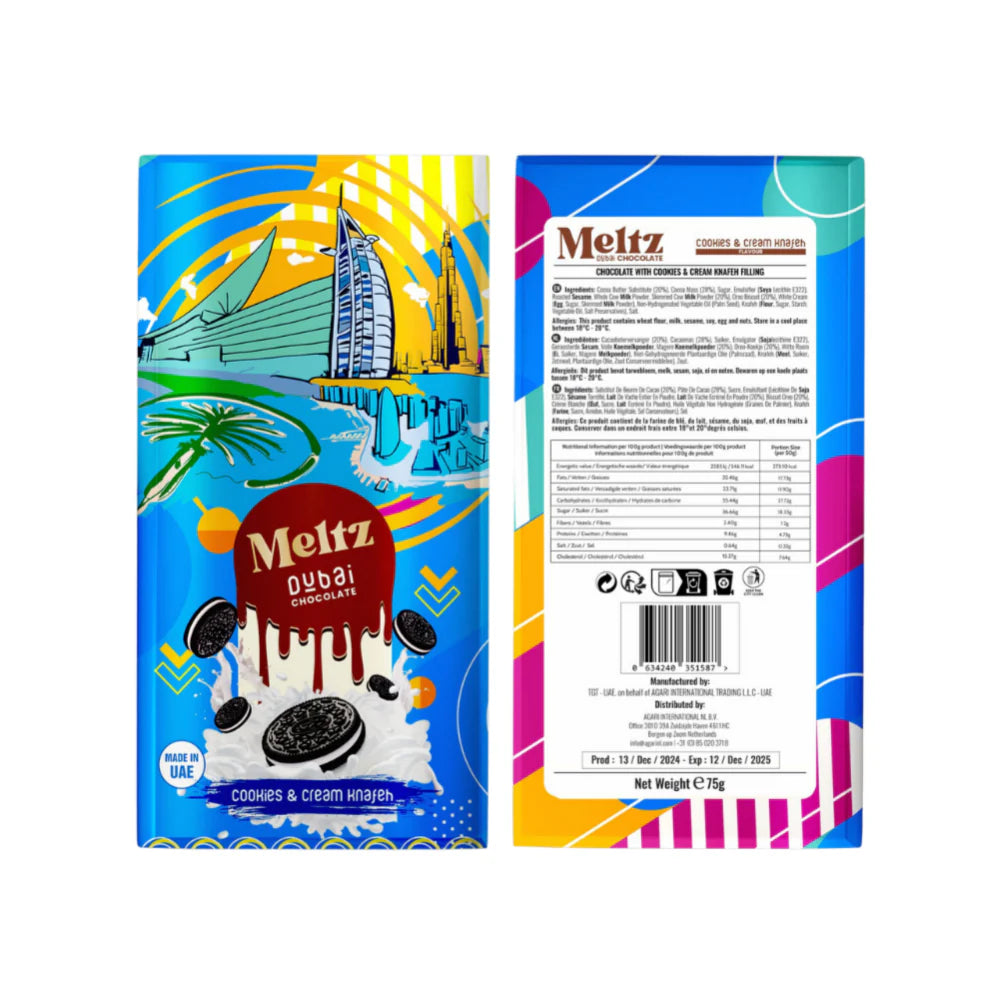 Meltz Dubai Schokolade – Cookies & Cream mit Knafeh-Füllung (75g)