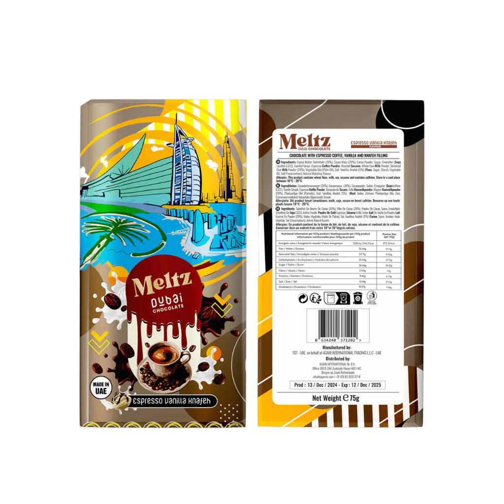 Meltz Dubai Schokolade – Espresso, Vanille & Knafeh-Füllung (75g)