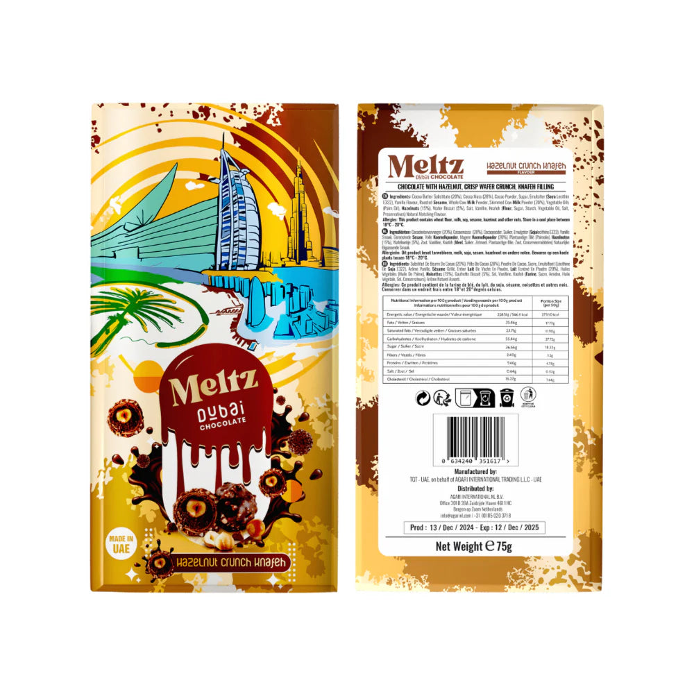 Meltz Dubai Schokolade – Haselnuss-Crunch mit Knafeh-Füllung (75g)