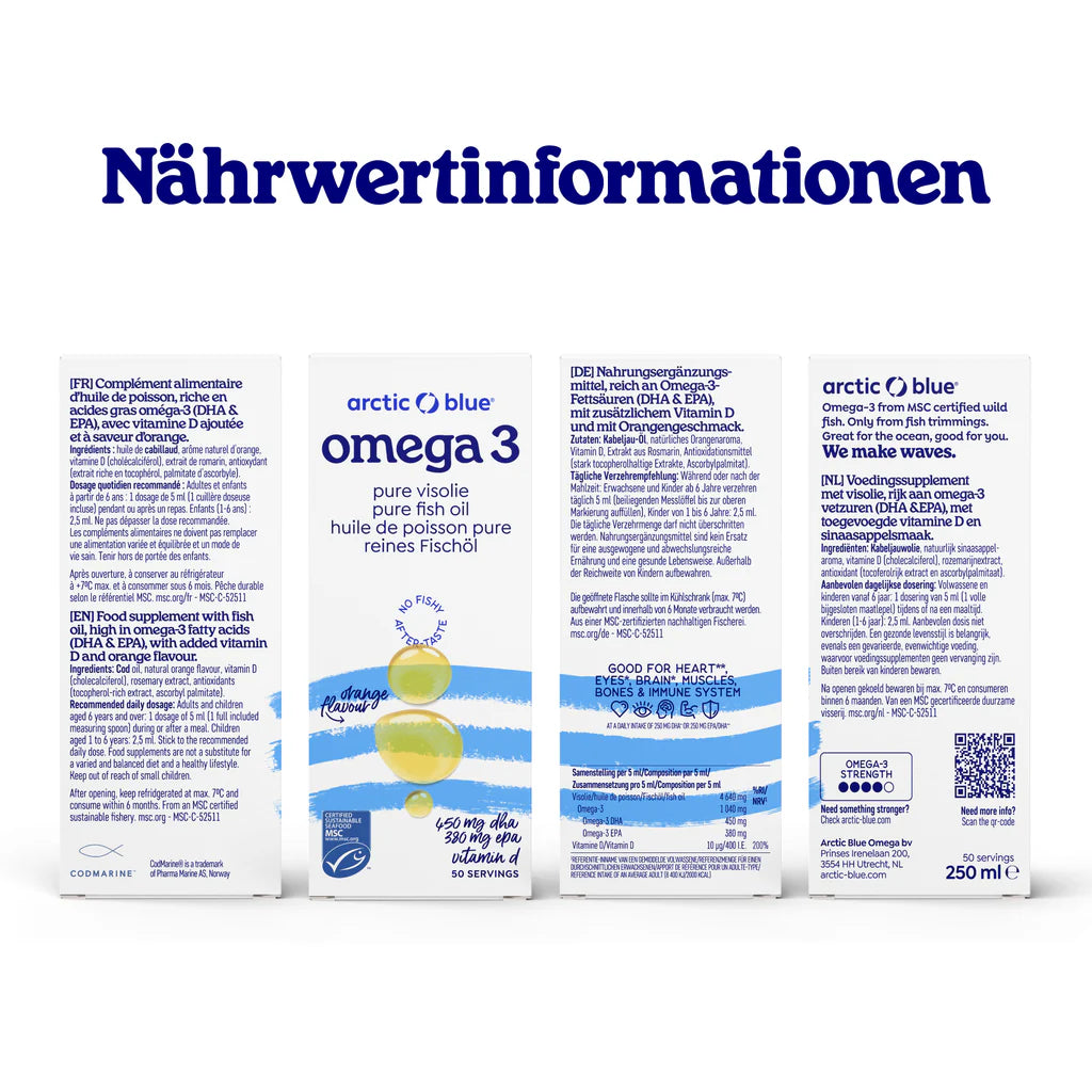 Arctic Blue Omega 3 DHA- und EPA-Fischöl mit Vitamin D3 (Orangengeschmack) - MSC - 250 ml - Erhältlich ab 15.6.26
