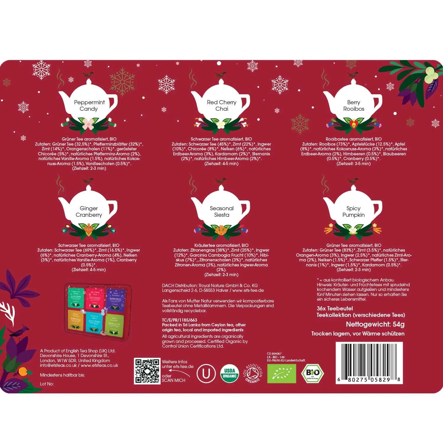 Tee Geschenk in Metalldose "Wintertee-Kollektion" Rot, BIO, 36 Teebeutel
