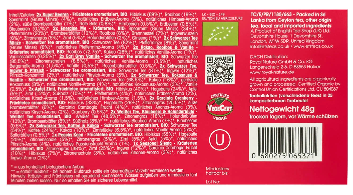 BIO Tee Adventskalender 2025 "Christmas Countdown" rot, 25 Teebeutel - Jetzt vorbestellen erhältlich ab 1.11.2025
